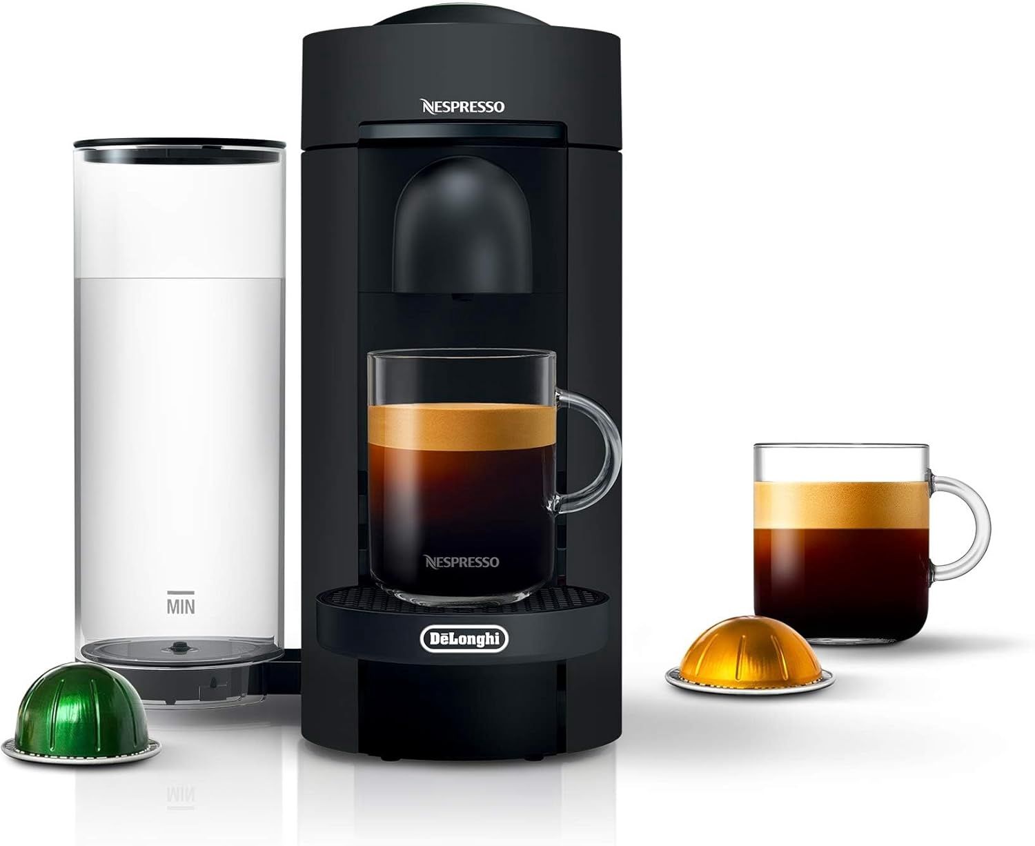 Compact Nespresso Vertuo Plus Deluxe Coffee and Espresso Maker by De&#39;Longhi with simple controls.