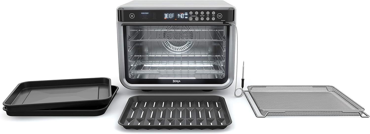 Front view of Ninja Foodi 10-in-1 Smart XL Air Fry Oven showing digital display and door.