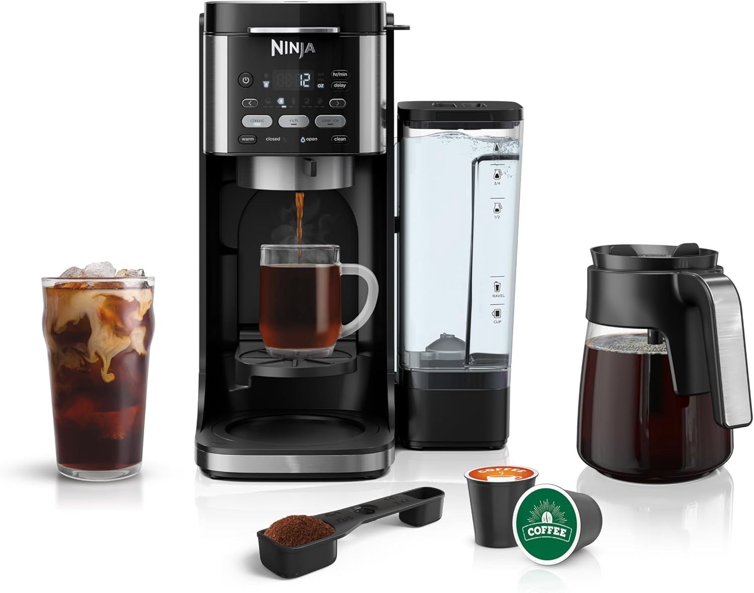Ninja CFP101 brewing a hot cup of coffee into a mug, demonstrating its Classic brew style.