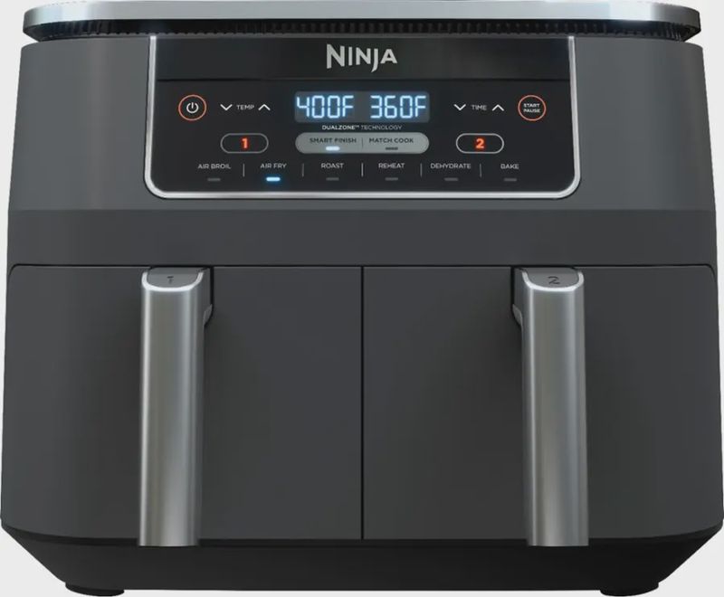 Front view of Ninja Foodi 6-in-1 8-qt. 2-Basket Air Fryer showing control panel and dual baskets.