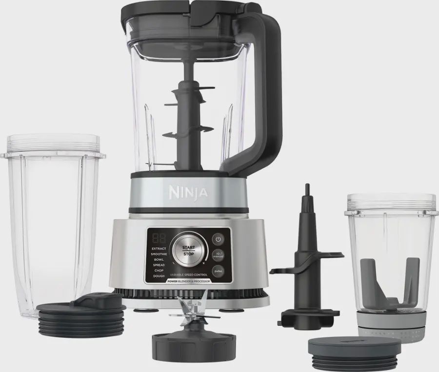 Front view of Ninja Foodi Power Blender &amp; Processor System with all aditional parts.