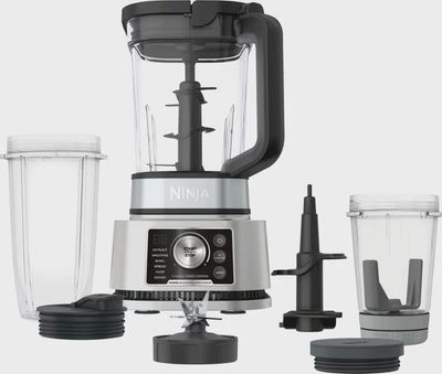 Front view of Ninja Foodi Power Blender &amp; Processor System with all aditional parts.