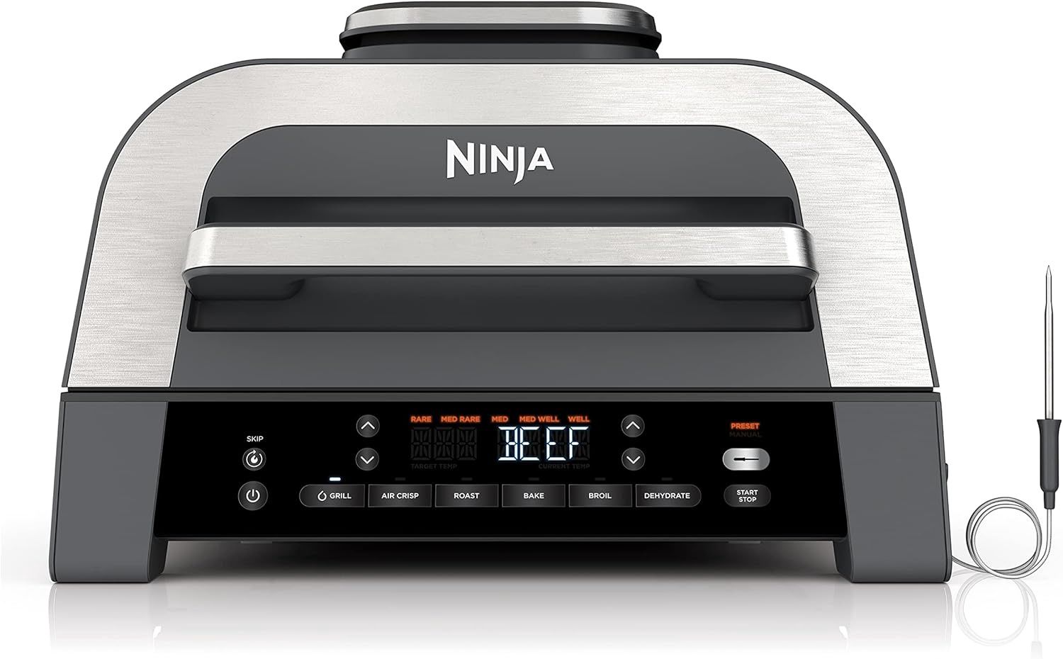 Front view of Ninja Foodi Smart XL 6-in-1 Countertop Indoor Grill with control panel.