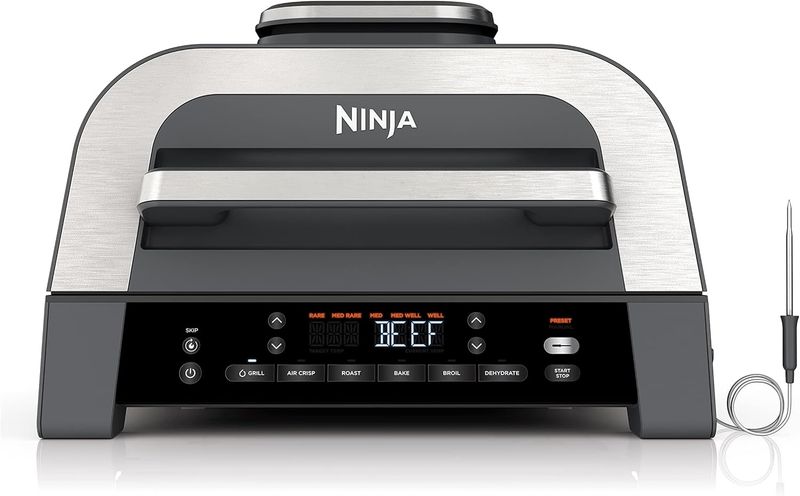 Front view of Ninja Foodi Smart XL 6-in-1 Countertop Indoor Grill with control panel.