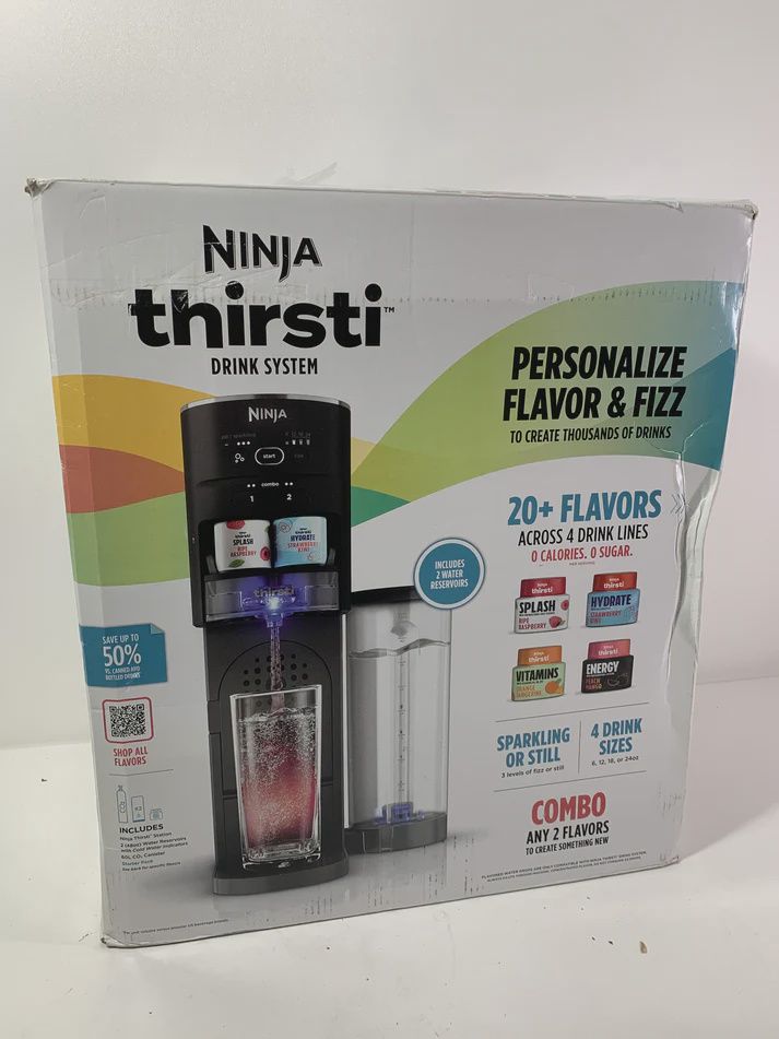 Packaging box of the Ninja Thirsti Drink System showing product branding and features.