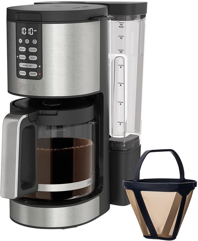 Side profile of the Ninja Programmable XL 14-Cup Coffee Maker PRO showing water reservoir and brewing chamber.