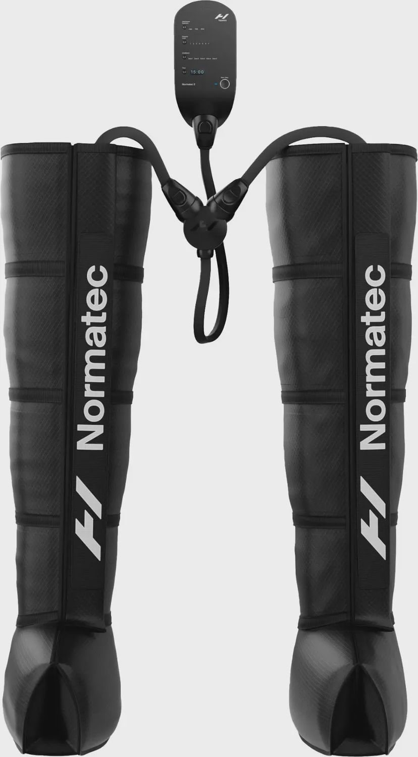 Hyperice Normatec 3 Legs System boots, front view showing full-leg compression sleeves.