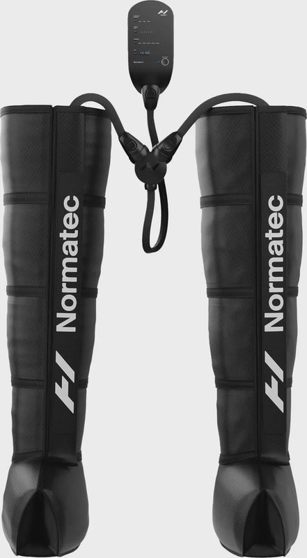 Hyperice Normatec 3 Legs System boots, front view showing full-leg compression sleeves.