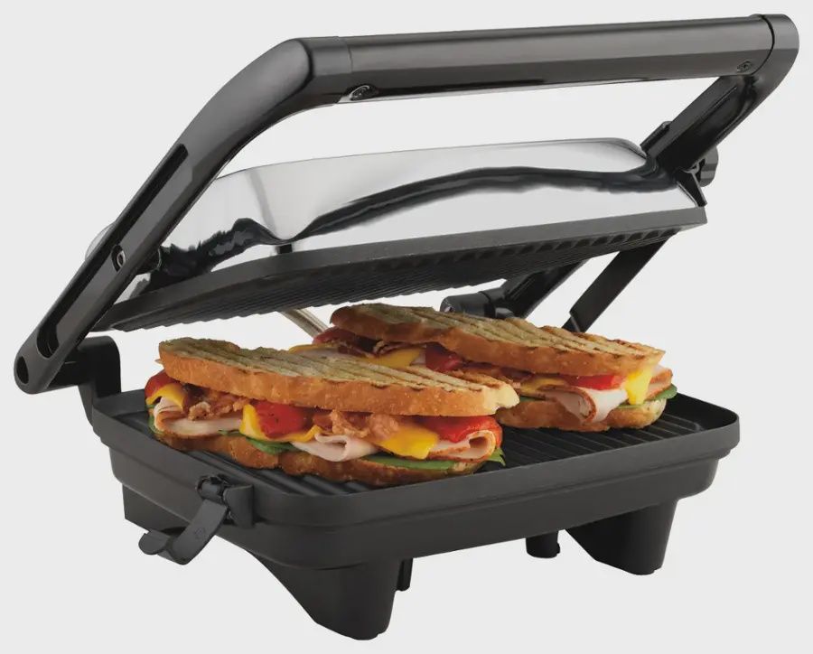 Hamilton Beach Panini Press &amp; Indoor Grill with floating lid and nonstick cooking surface.
