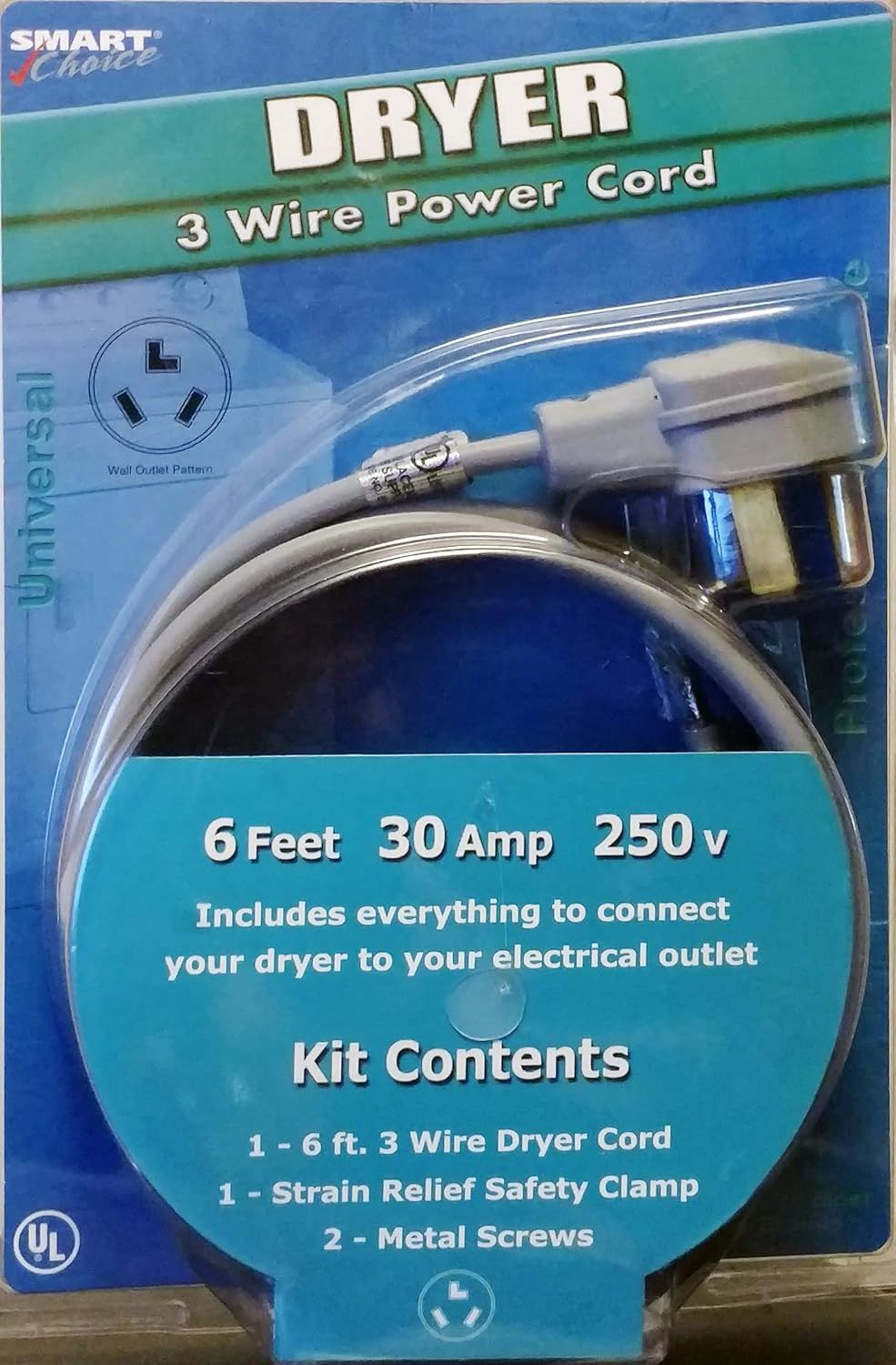 Smart Choice 6-foot 30-amp 3-prong dryer cord with molded plug ends.