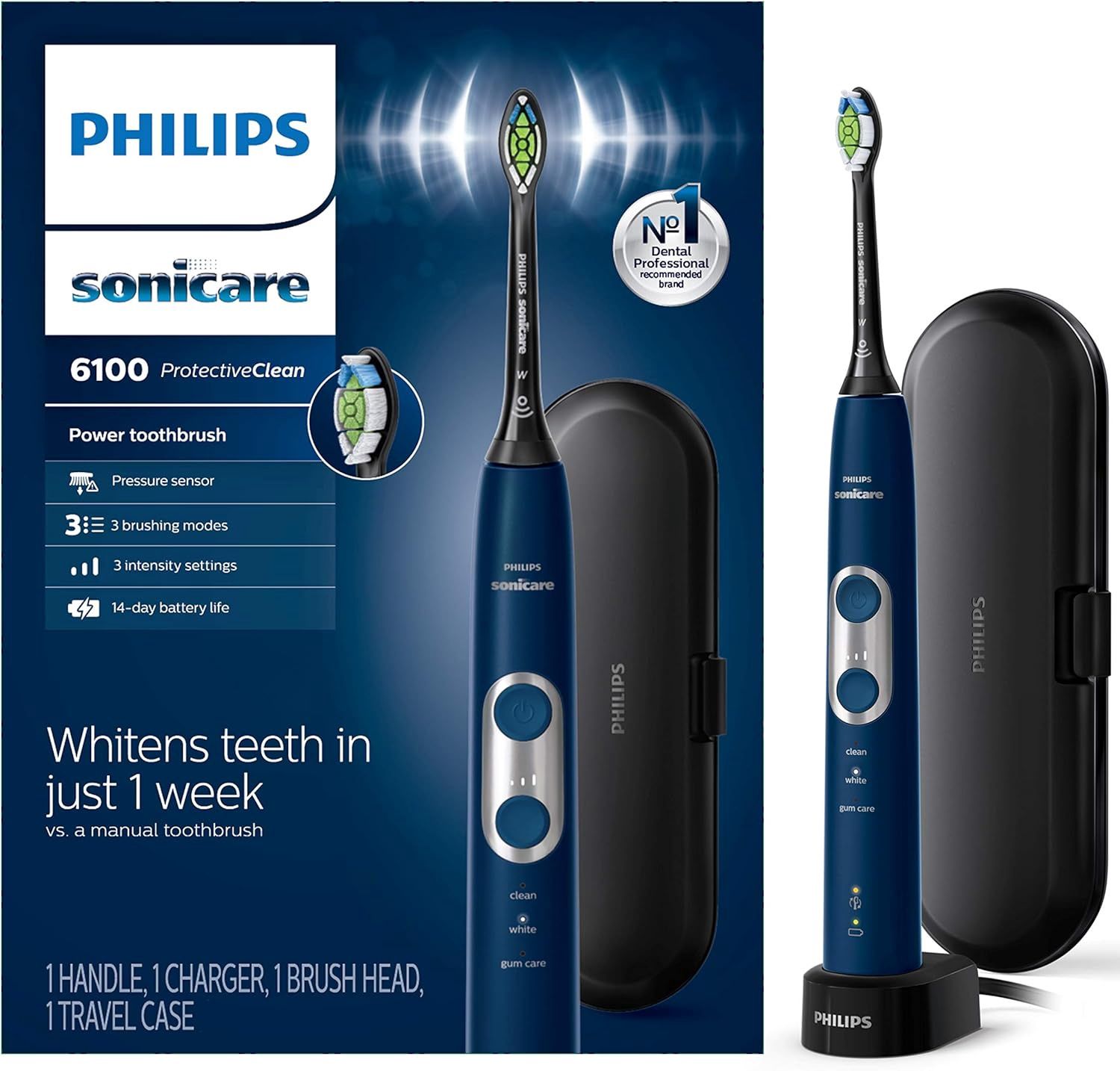 Philips Sonicare ProtectiveClean 6100 electric toothbrush positioned beside its packaging box on a clean surface.