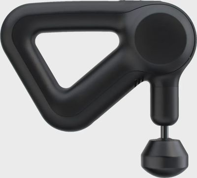 Therabody Theragun Prime handheld massage gun shown front-on with triangular handle and ball attachment.