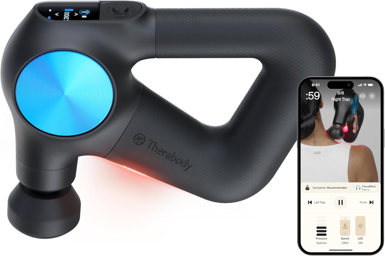 Theragun PRO Plus placed next to a smartphone displaying the Therabody app interface.