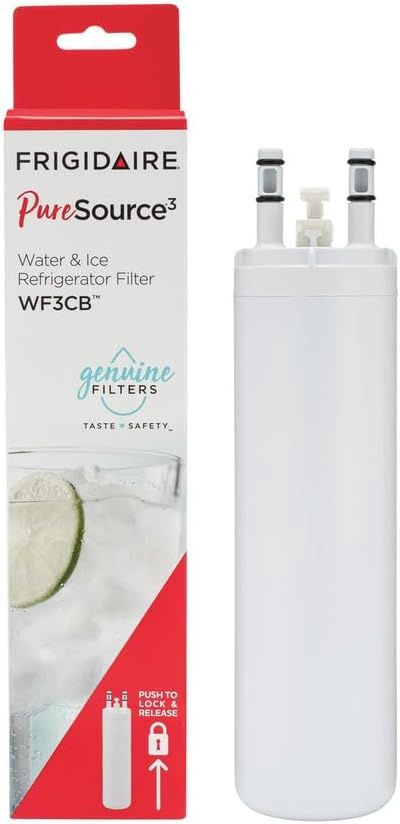 Frigidaire WF3CB PureSource3 refrigerator water filter next to its packaging box