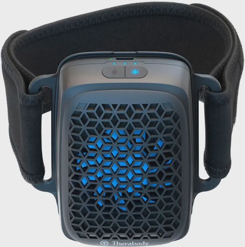 Therabody RecoveryTherm Cube compact device with digital control panel displayed.