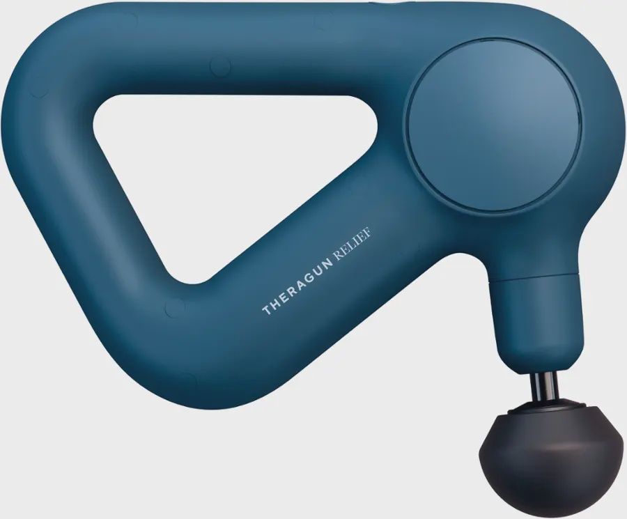Therabody Theragun Relief Massage Gun in navy, showcasing its ergonomic triangular handle and ball attachment.