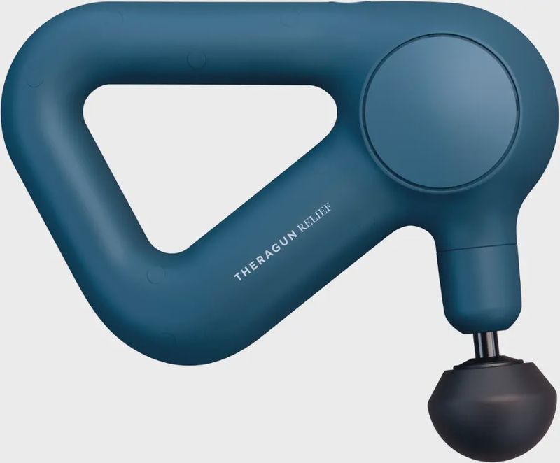 Therabody Theragun Relief Massage Gun in navy, showcasing its ergonomic triangular handle and ball attachment.