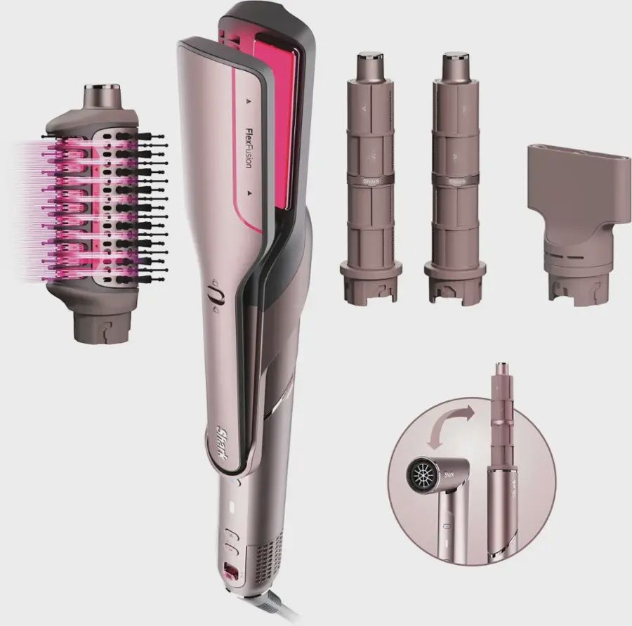 Shark FlexFusion Air Straightener &amp; Hair Dryer with all included attachments and styling heads arranged together.