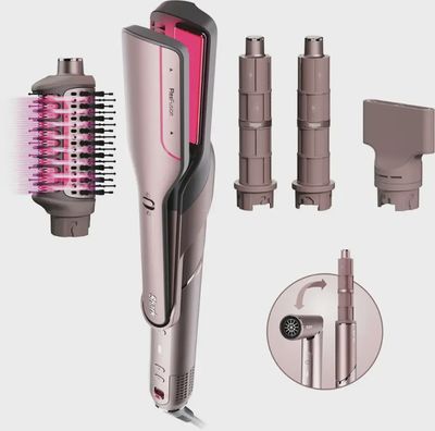Shark FlexFusion Air Straightener &amp; Hair Dryer with all included attachments and styling heads arranged together.