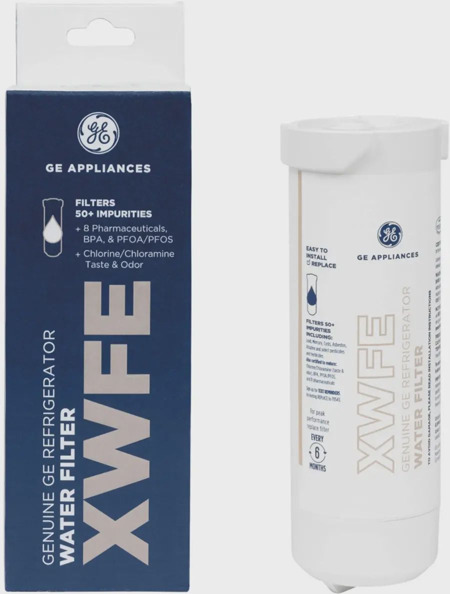 GE refrigerator water filter cartridge displayed beside its packaging box.