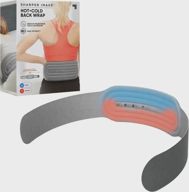 Sharper Image Hot + Cold Back Wrap in soft fabric, displayed flat, showing its 53&quot; length.