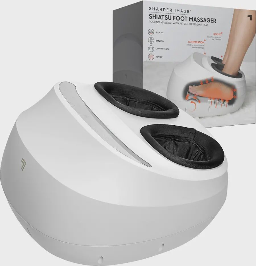 Sharper Image Shiatsu Foot Massager in white, showcasing the rolling massage heads and air compression zones.