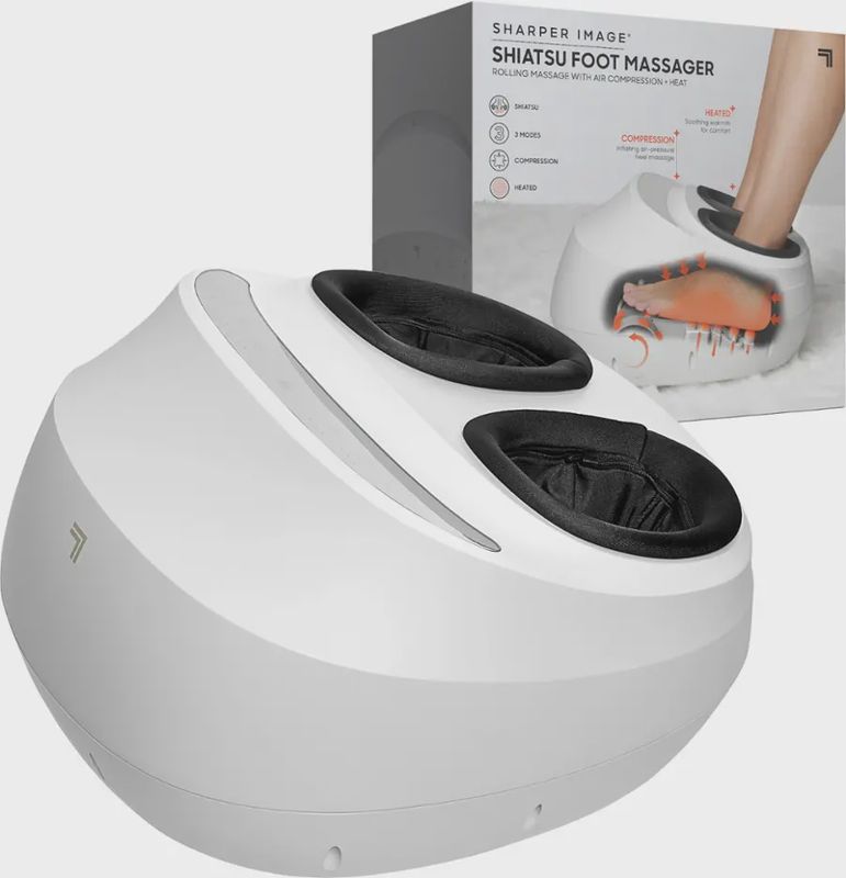 Sharper Image Shiatsu Foot Massager in white, showcasing the rolling massage heads and air compression zones.