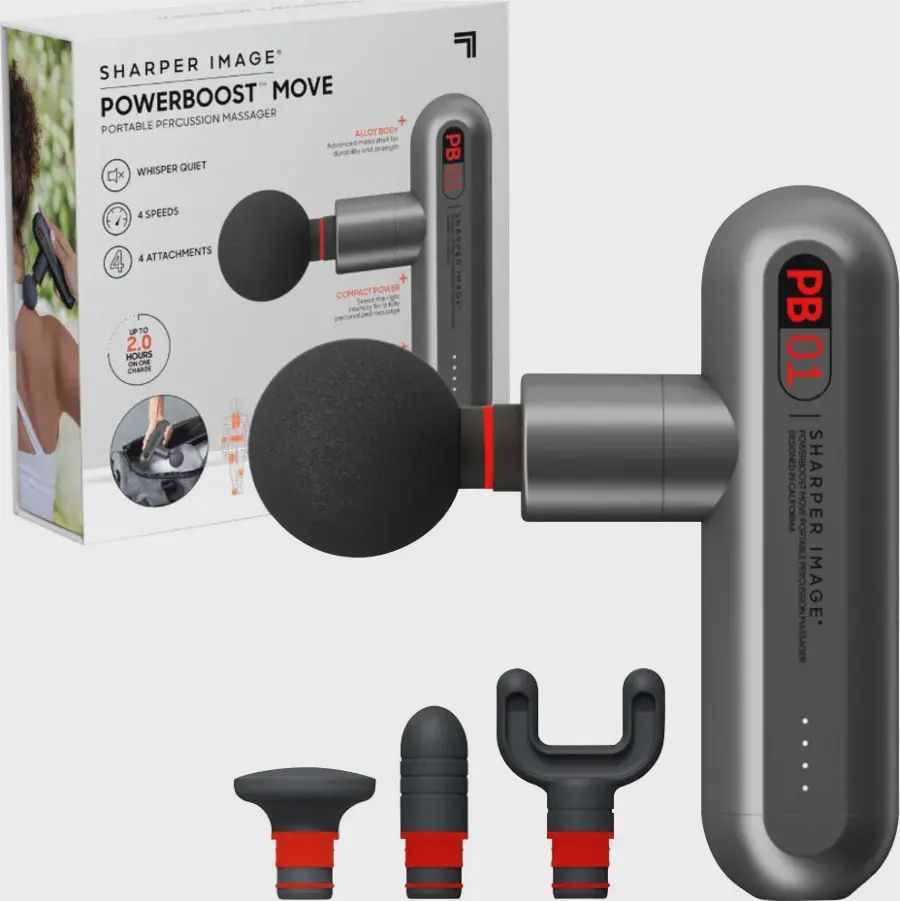 Sharper Image Powerboost Move massager placed beside its retail packaging, highlighting product and branding.