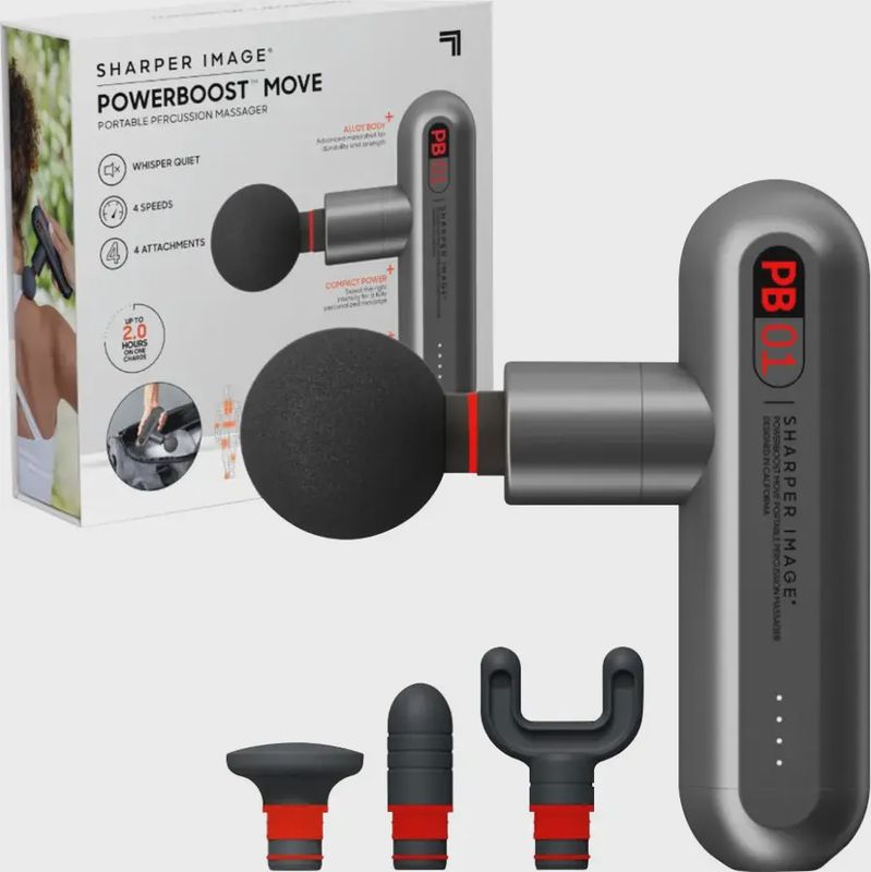 Sharper Image Powerboost Move massager placed beside its retail packaging, highlighting product and branding.