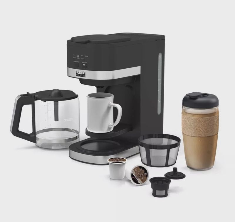 Bella Pro Series Coffee Maker Combo with removable carafe, single-serve basket, and reusable filter accessories