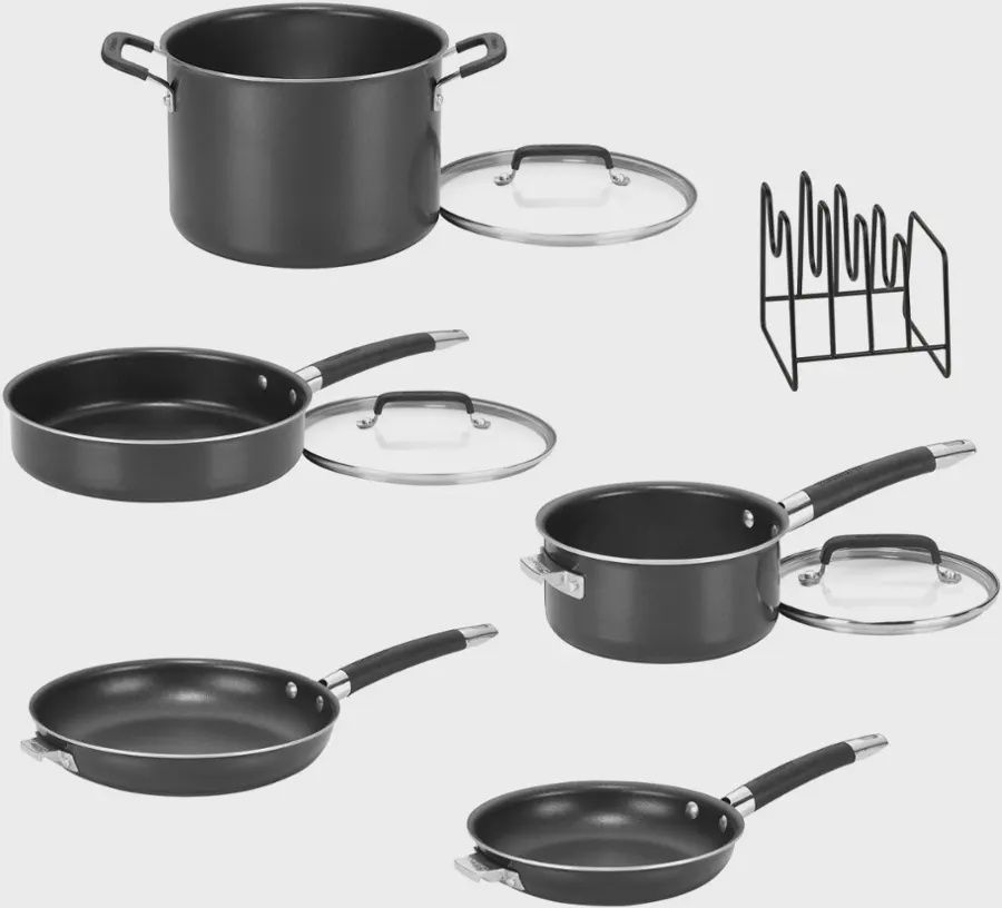 Cuisinart SmartNest Nonstick Aluminum 9-Piece Cookware Set with pots, pans, and lids nested together