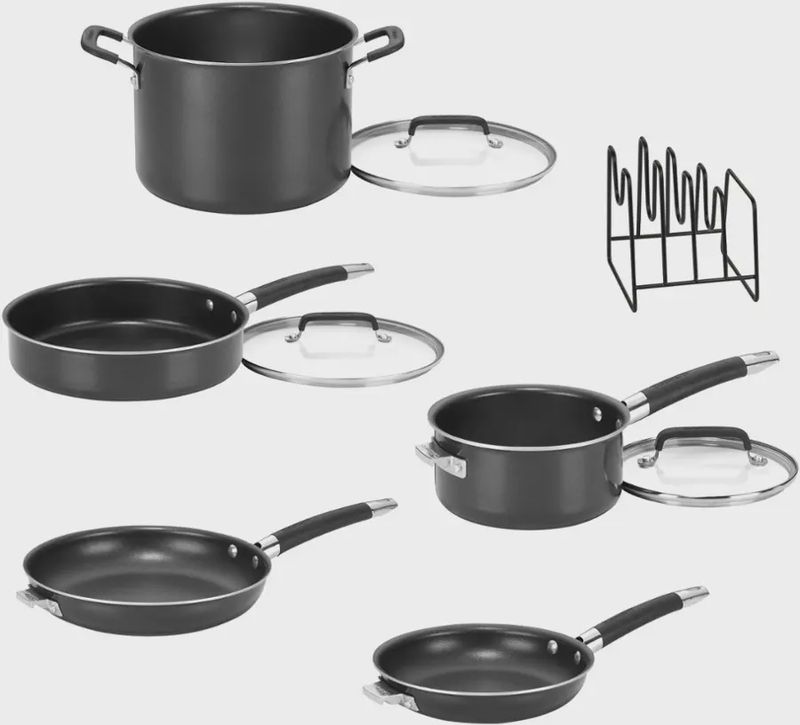 Cuisinart SmartNest Nonstick Aluminum 9-Piece Cookware Set with pots, pans, and lids nested together