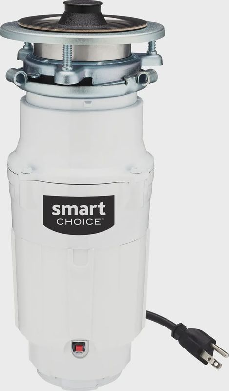 Smart Choice 1/2HP corded garbage disposal unit, front view.