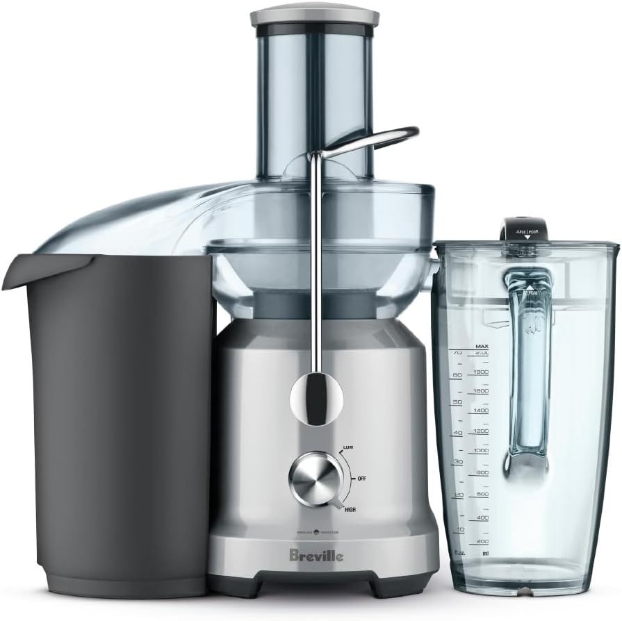 Breville BJE430SIL Juice Fountain Cold juicer with all included parts—pulp container, juice jug, and lid