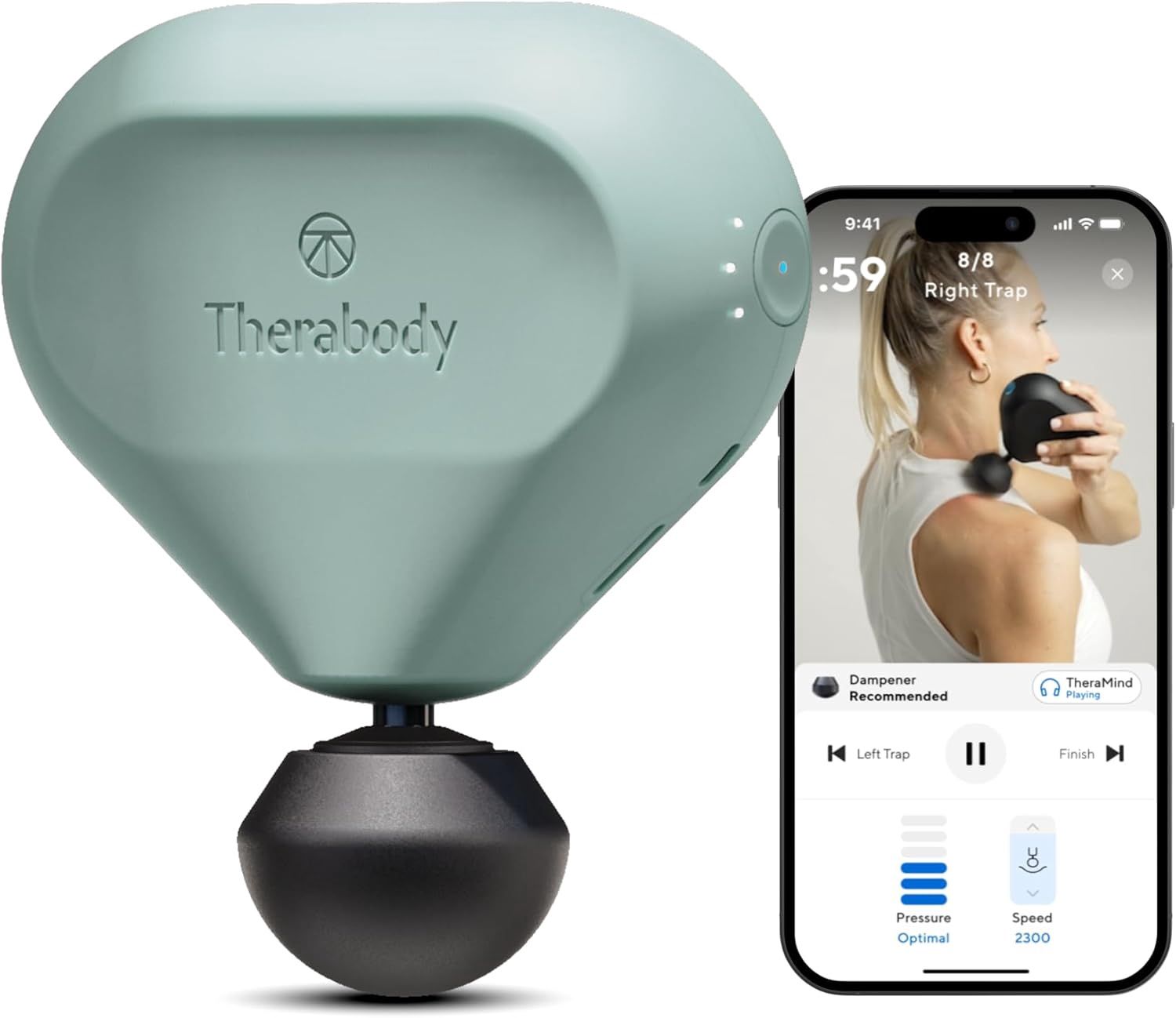 Therabody Theragun mini (2nd Gen) portable massage gun in blue, front view showing ergonomic grip and round massage head.