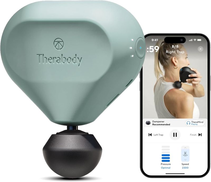 Therabody Theragun mini (2nd Gen) portable massage gun in blue, front view showing ergonomic grip and round massage head.