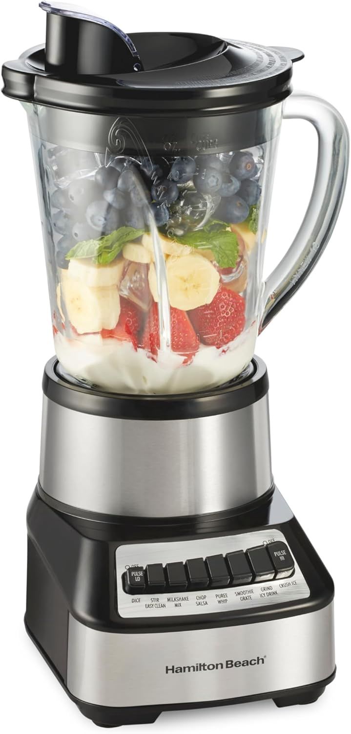 Close-up of Hamilton Beach Wave Crusher Blender blending fresh fruits.