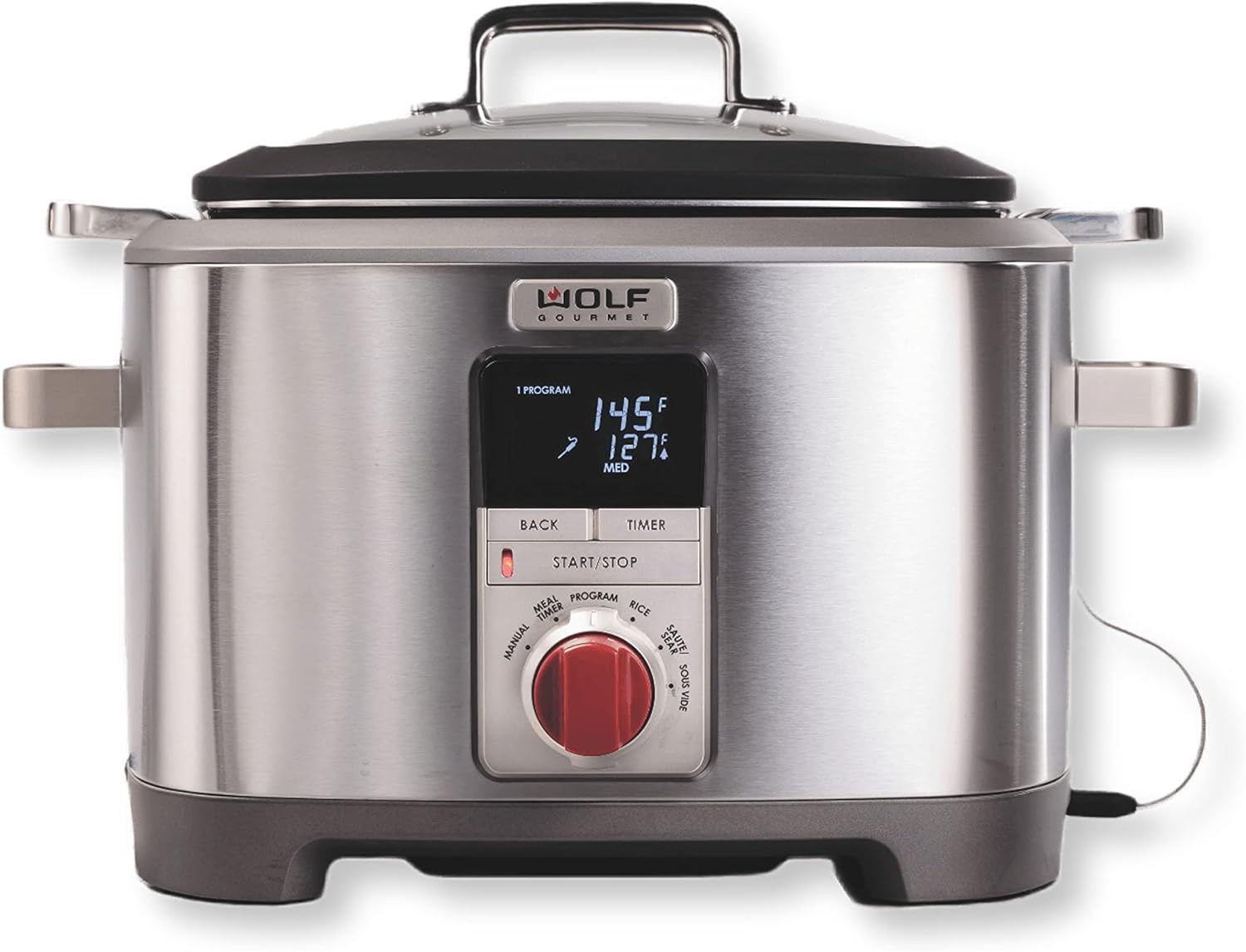 Front view of the Wolf Gourmet multi‑function cooker displaying the intuitive LCD panel and red control knob.