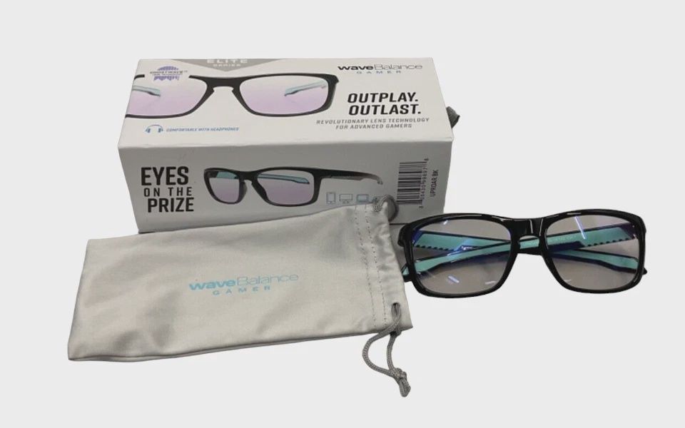 Wavebalance Uproar Elite Series glasses displayed in their branded packaging, including a hardshell case and cleaning cloth.