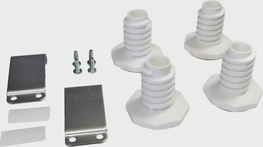 Whirlpool stacking kit for HYBRIDCARE and long‑vent or standard dryer model, showing metal brackets, screws, and safety strap