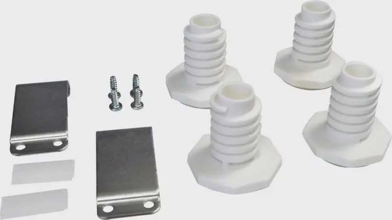 Whirlpool stacking kit for HYBRIDCARE and long‑vent or standard dryer model, showing metal brackets, screws, and safety strap