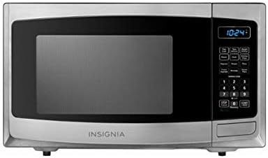 Front view of the Insignia 0.9 Cu. Ft. Compact Microwave showing control panel and door design.