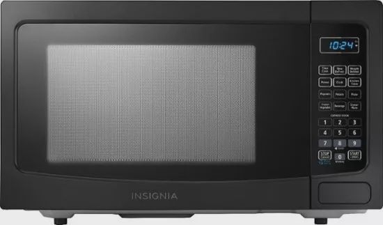 Front view of the Insignia 1.1 Cu. Ft. Microwave showing control panel and door design.