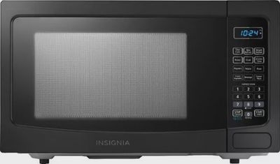 Front view of the Insignia 1.1 Cu. Ft. Microwave showing control panel and door design.