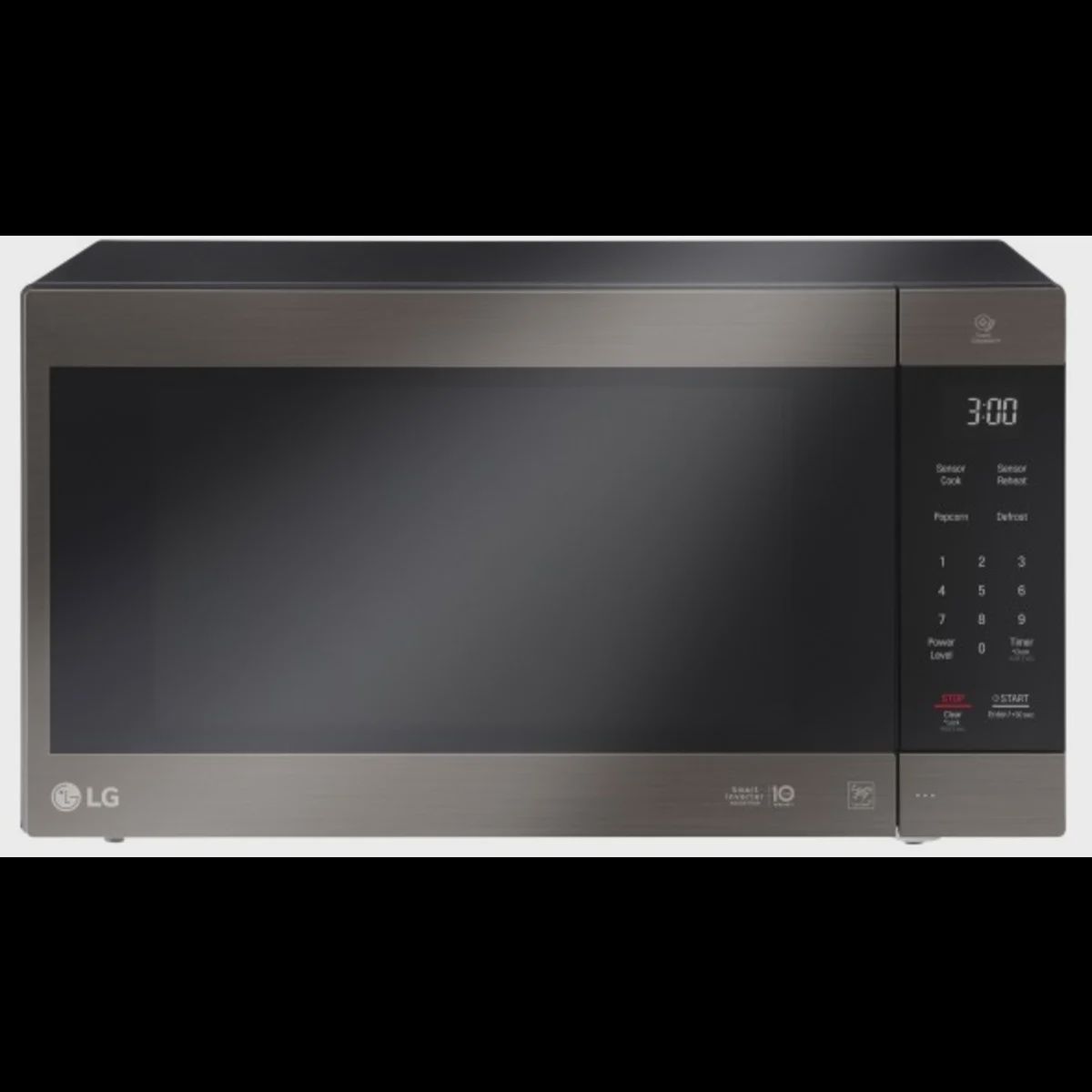 Front view of LG NeoChef™ 2.0 cu ft countertop microwave in black stainless steel with SmoothTouch® glass controls.