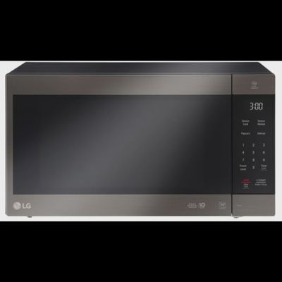 Front view of LG NeoChef™ 2.0 cu ft countertop microwave in black stainless steel with SmoothTouch® glass controls.