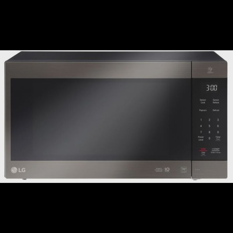 Front view of LG NeoChef™ 2.0 cu ft countertop microwave in black stainless steel with SmoothTouch® glass controls.