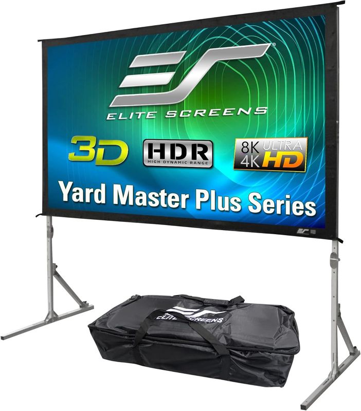 Elite Screens Yard Master Plus 120″ portable projector screen with 16:9 aspect ratio and telescoping tripod stand