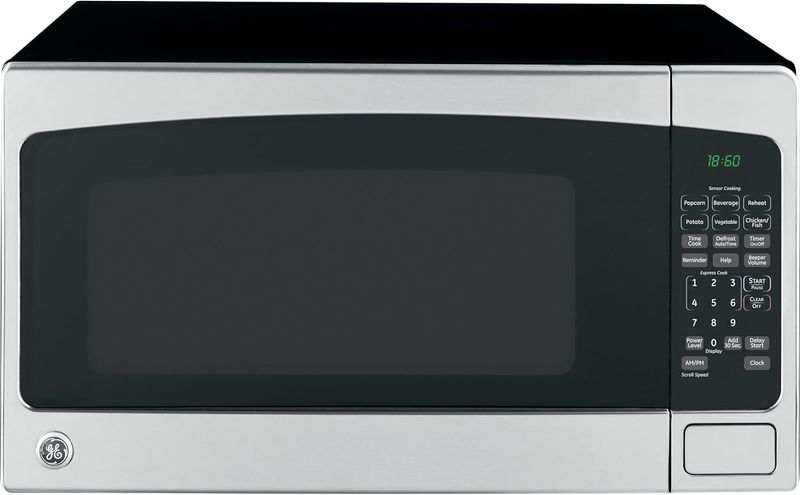 GE JES2051SNSS 2.0 cu. ft. countertop microwave oven in stainless steel with sensor cooking and digital controls.