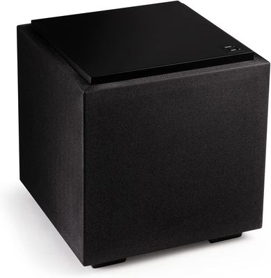 Top view of the Definitive Technology Descend DN8 8&quot; subwoofer in black, showing its compact, matte-finished surface
